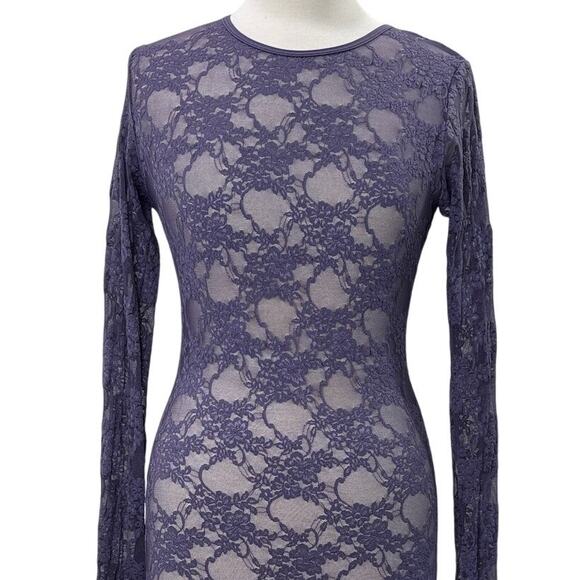 American Apparel M/L Bodycon Dress Vintage Purple Floral Lace Mesh Sheer Stretch - Picture 12 of 13